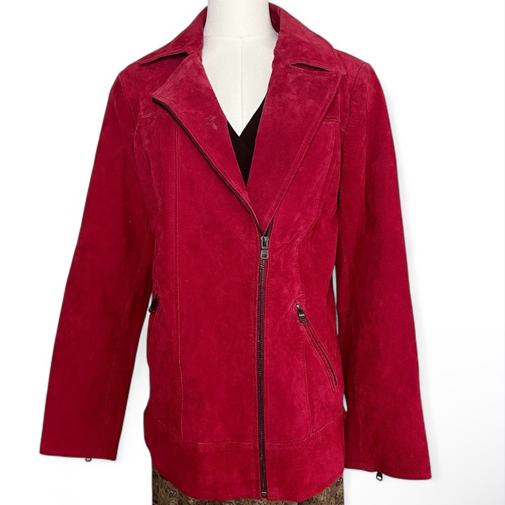 Y2K D&CO Cherry Red Genuine Leather Suede Jacket Moto Zip Coat Indie Sleeze Sz M